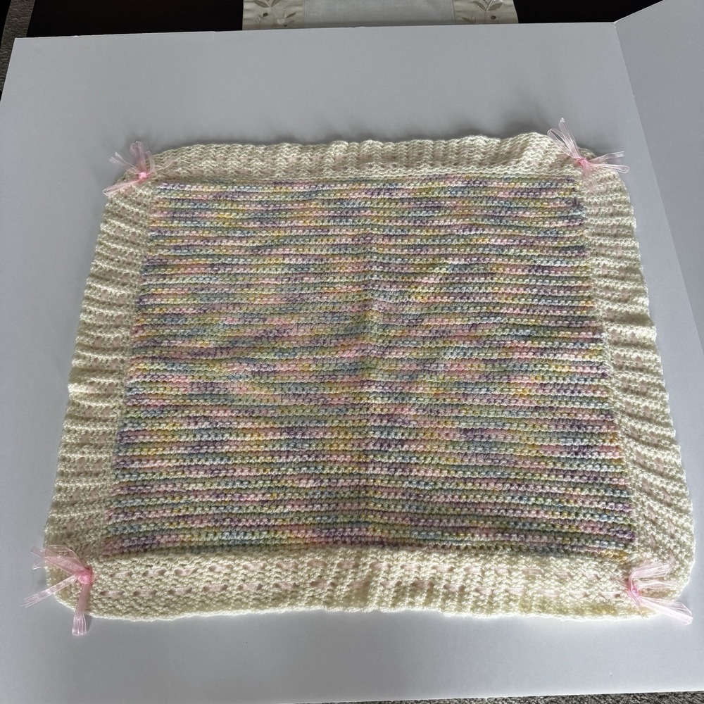 Vintage Cream Pastel Crochet Satin Weave Trim Baby Blanket Approx  25"x 25"